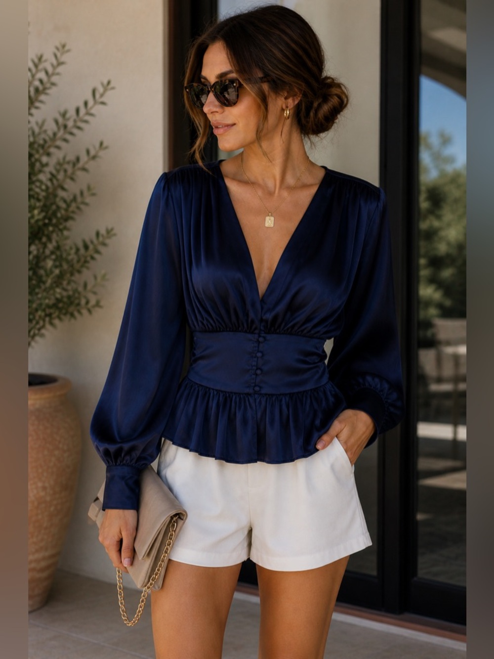 NWOT Jason Wu Navy Blue Long Sleeve Satin Peplum Button Blouse Women's Size S